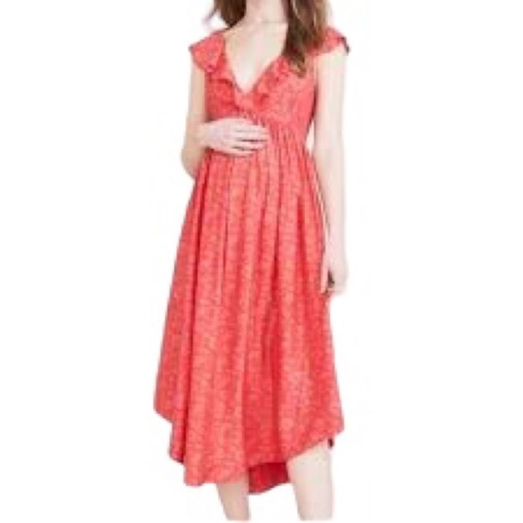 HATCH Briana Coral Midi Maternity Dress Sz 1/S Silk Blend Floral Printed Ruffles - Picture 1 of 11